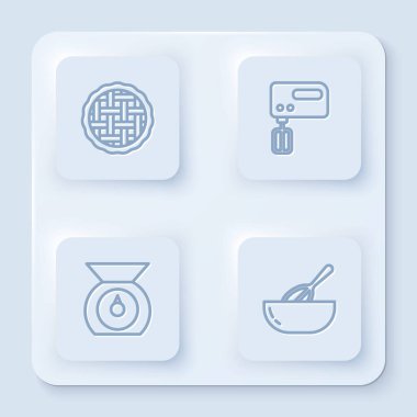 Ev yapımı turta, elektrikli mikser, pullar ve mutfak çırpma ve bowling. Beyaz kare düğme. Vektör.