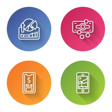 Borsa büyüme grafikleri, kağıt para yığını dolar ve hisse senedi alım satımlarıyla mobil. Renkli daire düğmesi. Vektör.