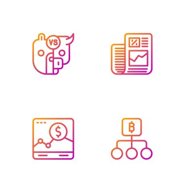 Blockchain teknolojisi Bitcoin, büyüme grafiği olan web sitesi, borsa ve iş finans raporlarının ayısı ve Bull. Renk simgeleri. Vektör.