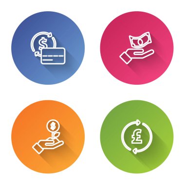 Hat çizgisi kredi kartı, el ele tutuşan para, 1 dolarlık bitki ve yarım kiloluk madeni para. Renkli daire düğmesi. Vektör.