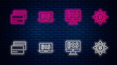 Şifreli döviz, kredi kartı ve Yen 'le bozuk para hattını ayarla. Tuğla duvarda parlayan neon simgesi. Vektör.