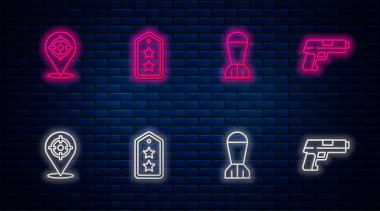 Askeri rütbe, havacılık bombası, hedef sporu ve tabanca. Tuğla duvarda parlayan neon simgesi. Vektör.