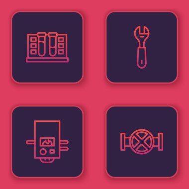 Hat test tüpünü su damlası, gaz kazani, anahtar anahtarı ve endüstriyel boru ve vanayla ayarla. Mavi kare düğme. Vektör.