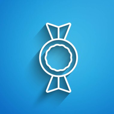 Beyaz çizgi Candy simgesi mavi arkaplanda izole edildi. Uzun gölge. Vektör.