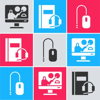 Çevrimiçi eğitim, Ses Kitabı ve Bilgisayar faresi simgesini ayarla. Vektör.