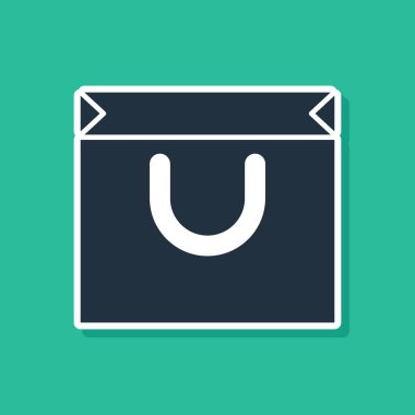 Mavi alışveriş torbası simgesi yeşil arkaplanda izole edildi. Alışveriş torbası sevgisi kalp ikonu gibidir. Sevgililer Günü sembolü. Vektör.