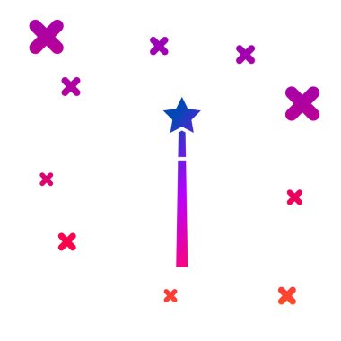 Beyaz arkaplanda izole edilmiş renkli sihirli değnek simgesi. Yıldız şeklinde sihirli aksesuar. Sihirli güç. Kademeli rastgele dinamik şekiller. Vektör.