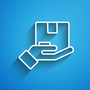 Beyaz çizgi sigorta ikonu mavi arka planda izole edildi. Kalkanın ötesinde sigorta kutuları var. Uzun gölge. Vektör.