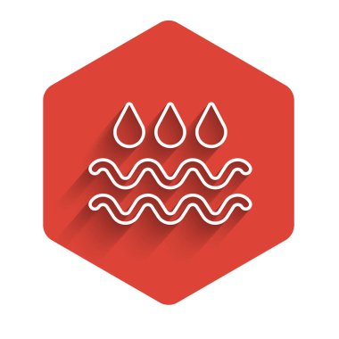 Su damlası ikonlu beyaz çizgi dalgası uzun gölgeli izole edilmiş. Kırmızı altıgen düğmesi. Vektör.