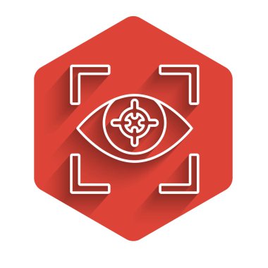 Beyaz çizgi göz tarama simgesi uzun gölgeyle izole edildi. Göz taraması yapılıyor. Güvenlik kontrol sembolü. Siber göz işareti. Kırmızı altıgen düğmesi. Vektör.