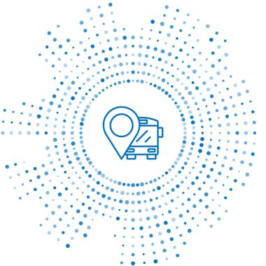 Beyaz arkaplanda otobüs simgesi bulunan mavi çizgi konumu. Ulaşım konsepti. Otobüs turu tabelası. Turizm ya da kamu aracı sembolü. Soyut çember rastgele noktalar. Vektör.