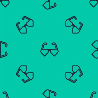 Mavi çizgi kalp şeklindeki aşk gözlüğü simgesi yeşil arka planda izole edilmiş kusursuz desen. Sevgililer Günü kartı tasarımı için uygun. Vektör.