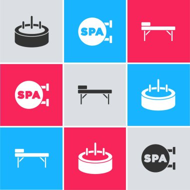 Yüzme havuzunu merdiven, kaplıca salonu ve masaj masası ikonu ile ayarlayın. Vektör.