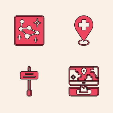 Konum belirleyicisi, Büyük Ayı takımyıldızı, tıbbi haç ve trafik işareti simgesi ile monitörü ayarlayın. Vektör.