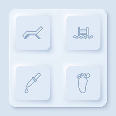 Güneş yatağı ve şemsiye, merdivenli yüzme havuzu, Pipette ve ayak masajı. Beyaz kare düğme. Vektör.