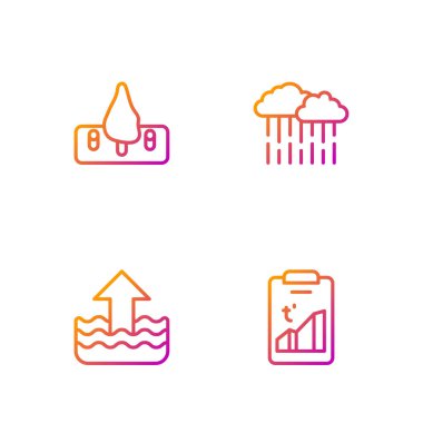 Küresel ısınma, yükselen su seviyesi, ormansızlaşma ve yağmurlu bulut hattı. Renk simgeleri. Vektör.