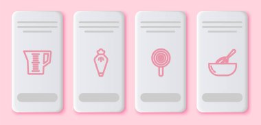 Ölçme kabı, hamur işi torbası, lolipop ve mutfak çırpıcı ve kase ayarlayın. Beyaz dikdörtgen düğme. Vektör.