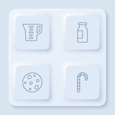 Ölçme kabı, süt şişesi, kurabiye ya da bisküvi ve Noel şekeri kamışı. Beyaz kare düğme. Vektör.