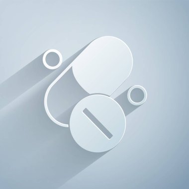 Kağıt kesiği, gri arka planda izole edilmiş hap kapsülü ikonu vitamin kompleksi. Sağlıklı bir yaşam tarzı. Kağıt sanatı tarzı. Vektör.