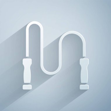 Kağıt kesiği, gri arkaplanda izole edilmiş ip atlama simgesi. İp atlıyorum. Spor malzemeleri. Kağıt sanatı tarzı. Vektör.