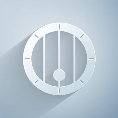 Kağıt kesiği tahta varil ikonu gri arka planda izole edilmiş. Alkol fıçısı, içki kabı, bira için tahta fıçı, viski, şarap. Kağıt sanatı tarzı. Vektör.