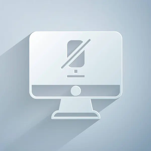 紙カットグレーの背景に隔離されたコンピュータアイコン上のミュートマイク マイクオーディオをミュート 紙のアートスタイル ベクトル — ストックベクタ