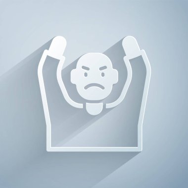 Kağıt kesiği Hırsız teslim oluyor gri arka planda izole edilmiş bir simgeye el koyuyor. İki eli havada teslim olan bir adam. Kağıt sanatı tarzı. Vektör.