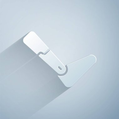 Kağıt kesiği Protez bacak simgesi gri arkaplanda izole edilmiş. Biyonik bacağın gelecekteki konsepti, robot mekanik bacağı. Kağıt sanatı tarzı. Vektör.