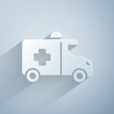Kağıt kesiği ambulans ve acil durum arabası simgesi gri arka planda izole edildi. Ambulans aracı tıbbi tahliye. Kağıt sanatı tarzı. Vektör.