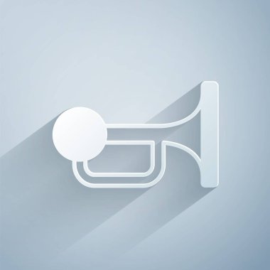 Kağıt kesiği, gri arka planda izole edilmiş araç simgesinde sinyal kornası. Kağıt sanatı tarzı. Vektör.