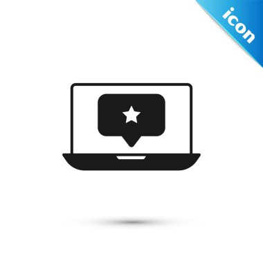 Beyaz arkaplanda yıldız simgesi olan gri dizüstü bilgisayar. Favori, en iyi derecelendirme, ödül sembolü. Vektör.