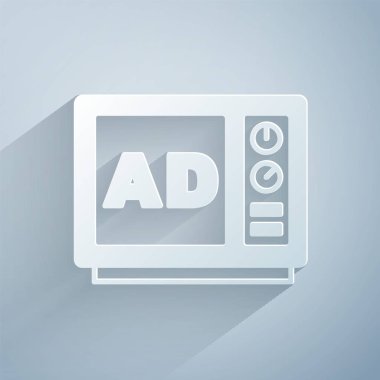 Kağıt kesiği reklam simgesi gri arkaplanda izole edildi. Pazarlama ve tanıtım süreci kavramı. İlgili reklamlar. Sosyal medya reklamcılığı. Kağıt sanatı tarzı. Vektör.