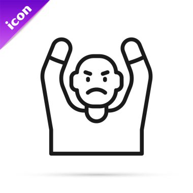 Siyah çizgi hırsızı beyaz arka planda izole edilmiş bir şekilde ellerini havaya kaldırıyor. İki eli havada teslim olan bir adam. Vektör.