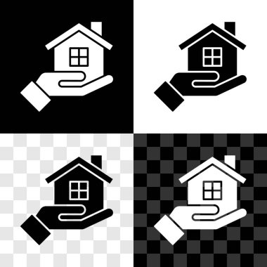 House 'u el simgesi olarak siyah beyaz, şeffaf arkaplanda izole et. Sigorta konsepti. Güvenlik, güvenlik, koruma, konsept koruma. Vektör.