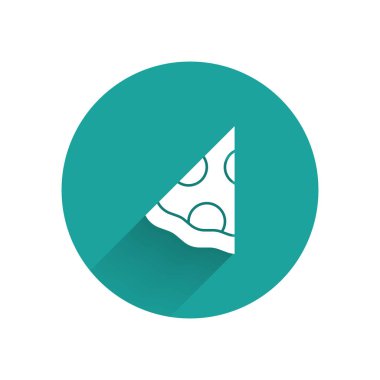 Uzun gölgeli beyaz pizza ikonu. Fast food menüsü. Yeşil daire düğmesi. Vektör.