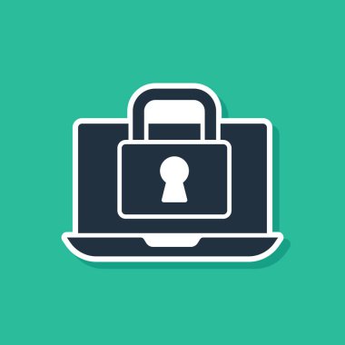 Mavi dizüstü bilgisayar ve kilit simgesi yeşil arkaplanda izole edildi. Bilgisayar ve asma kilit. Güvenlik, güvenlik, koruma kavramı. Güvenli bir ağ. Vektör.