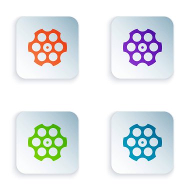 Renkli Revolver silindir simgesi beyaz arkaplanda izole edildi. Kare düğmelere renkli simgeleri yerleştir. Vektör.