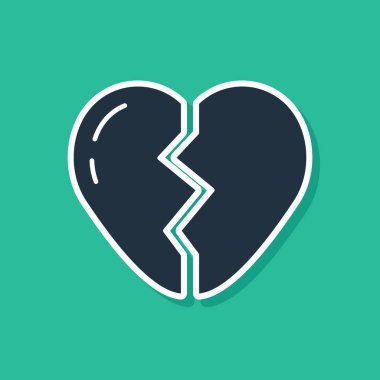 Mavi Kırık Kalp ya da yeşil arka planda izole edilmiş boşanma ikonu. Aşk sembolü. Sevgililer Günü. Vektör.