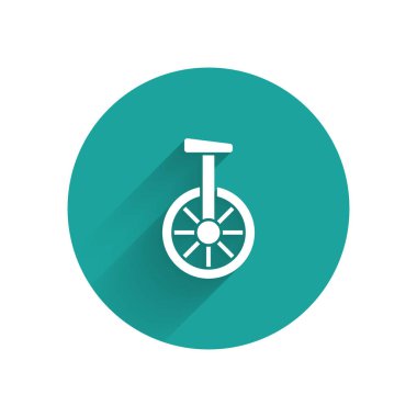 Beyaz Tek tekerlekli bisiklet ya da uzun gölgeli tek tekerlekli bisiklet ikonu. Tekerlekli bisiklet. Yeşil daire düğmesi. Vektör.