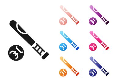 Beyaz zemin üzerinde top ikonu olan siyah beyzbol sopası. Simgeleri renklendirin. Vektör.