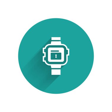 Beyaz bilek saat ikonu uzun gölgeli izole. Kol saati simgesi. Yeşil daire düğmesi. Vektör.