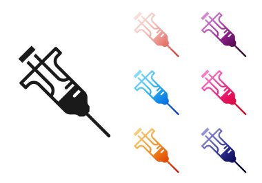 Beyaz arka planda siyah şırınga simgesi izole edildi. Aşı için şırınga, aşı, iğne, grip aşısı. Tıbbi ekipman. Simgeleri renklendirin. Vektör.