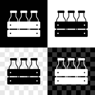 Siyah beyaz, şeffaf arkaplanda izole edilmiş ahşap kutu simgesine sarılı şişe sütü. Vektör.
