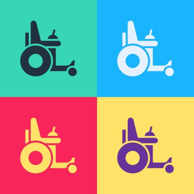 Özürlü insanlar için Pop Art Electric tekerlekli sandalye. Renkli arka planda izole edilmiş bir simge. Mobil scooter simgesi. Vektör.