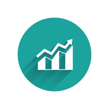 Beyaz Finansal büyüme ikonu uzun gölgeli izole edilmiş. Gelirleri arttırıyorum. Yeşil daire düğmesi. Vektör.