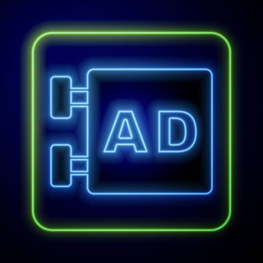 Parlayan neon reklam simgesi mavi arkaplanda izole edildi. Pazarlama ve tanıtım süreci kavramı. İlgili reklamlar. Sosyal medya reklamcılığı. Vektör.