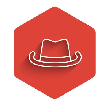 Beyaz çizgi batı kovboy şapkası ikonu uzun gölgeli izole edilmiş. Kırmızı altıgen düğmesi. Vektör.