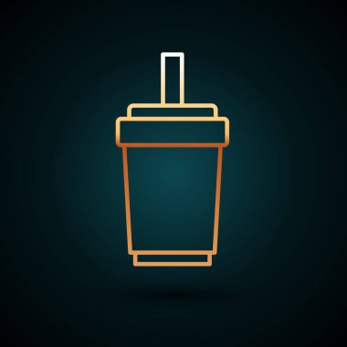 Koyu mavi zemin üzerinde saman ve su ikonu bulunan altın çizgili kağıt bardak. Soda bardağı. Taze soğuk içecek sembolü. Vektör.