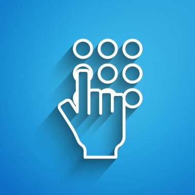 Beyaz çizgi parola koruması ve güvenlik erişim simgesi mavi arkaplanda izole edildi. Güvenlik, güvenlik, koruma, gizlilik kavramı. Uzun gölge. Vektör.