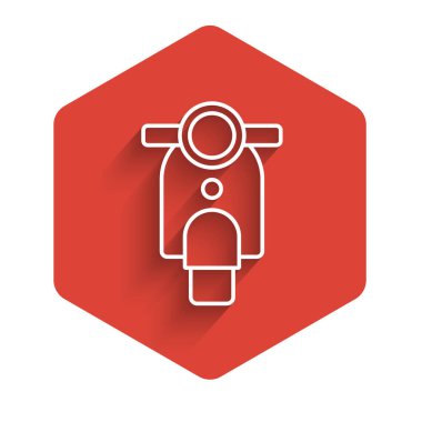 Beyaz çizgi Scooter ikonu uzun gölgeli izole edilmiş. Kırmızı altıgen düğmesi. Vektör.